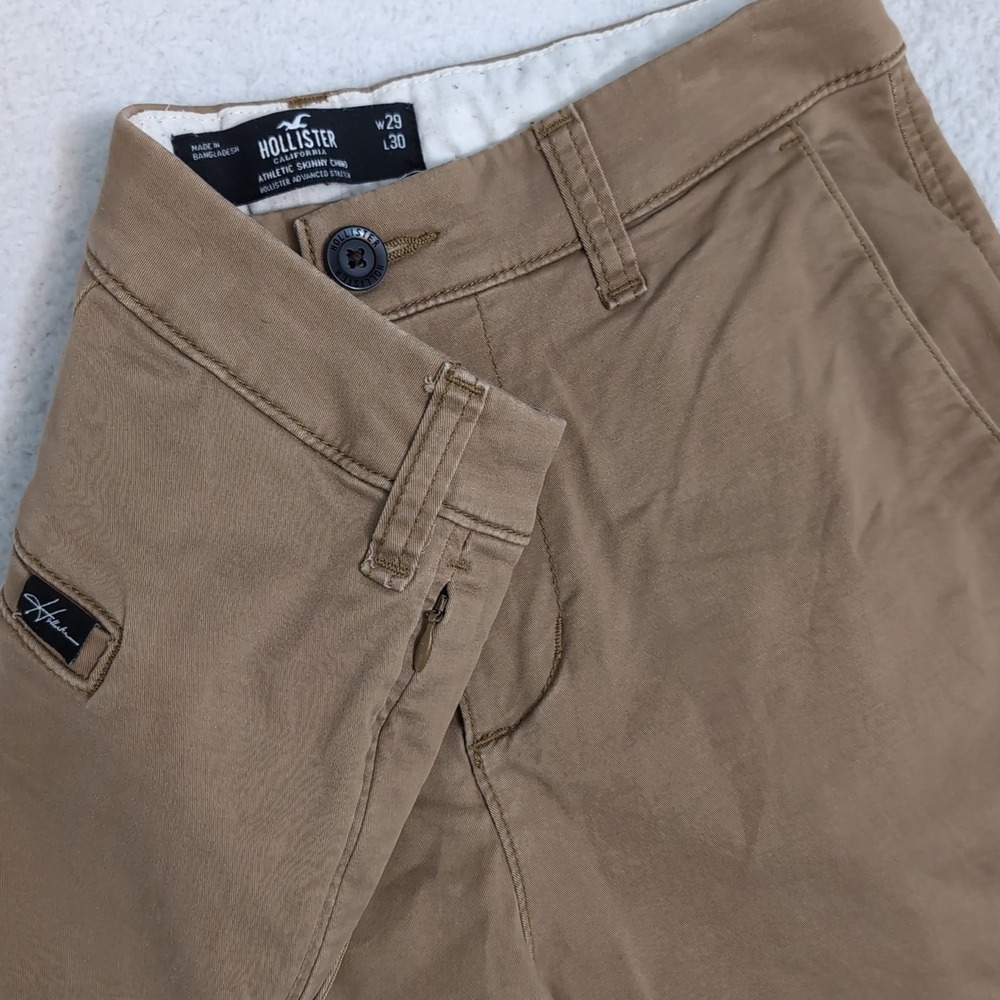 Men's 29x30 Hollister Flat Front Athletic Skinny Chino Brown Zip Pocket
